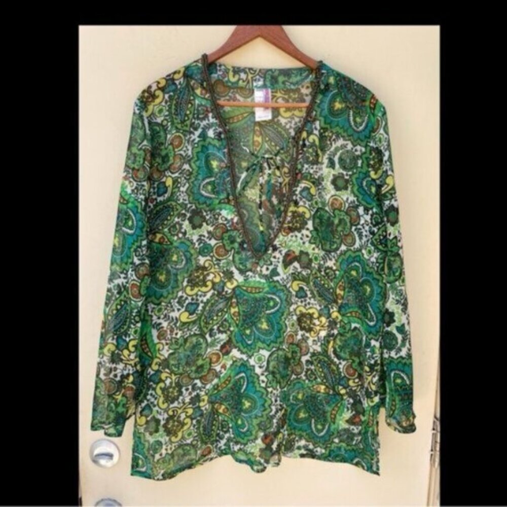 True Religion Paisley Beaded Swim Cover Up Tunic Sheer Green Size M
